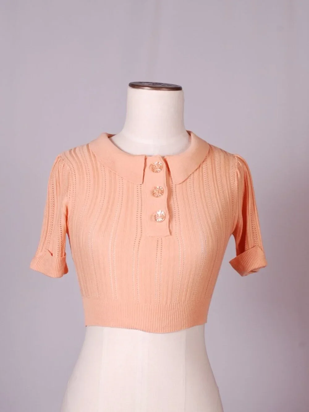 EUC For Love & Lemons Phoebe Pointelle Polo Cropped Sweater, Sz - XS
